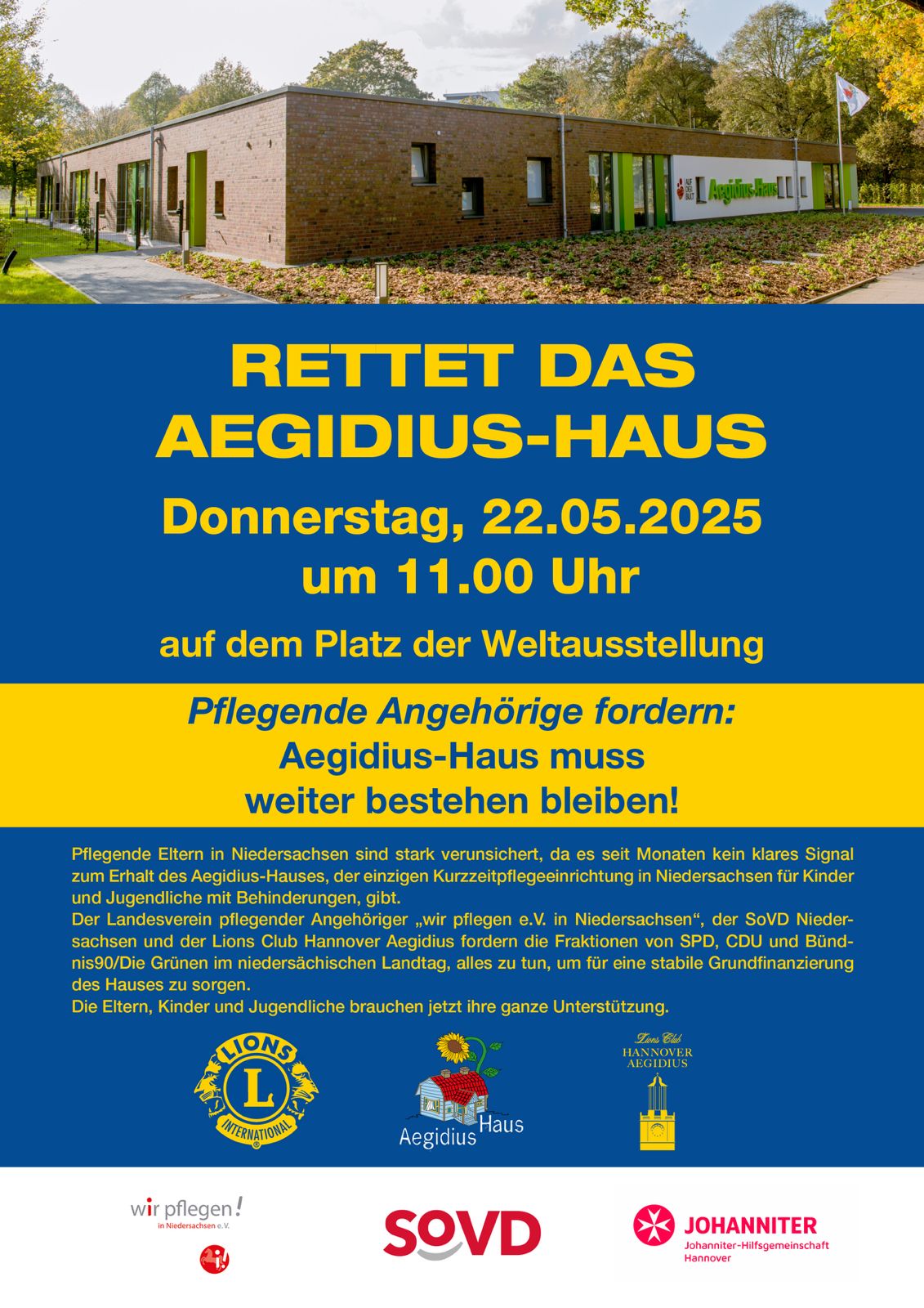 Aufruf zur Teilnahme an einer Kundgebung für den Erhalt des Aegidius-Haus auf der Bult. 22.05.2025, 11 Uhr, Platz der Weltausstellung, Hannover